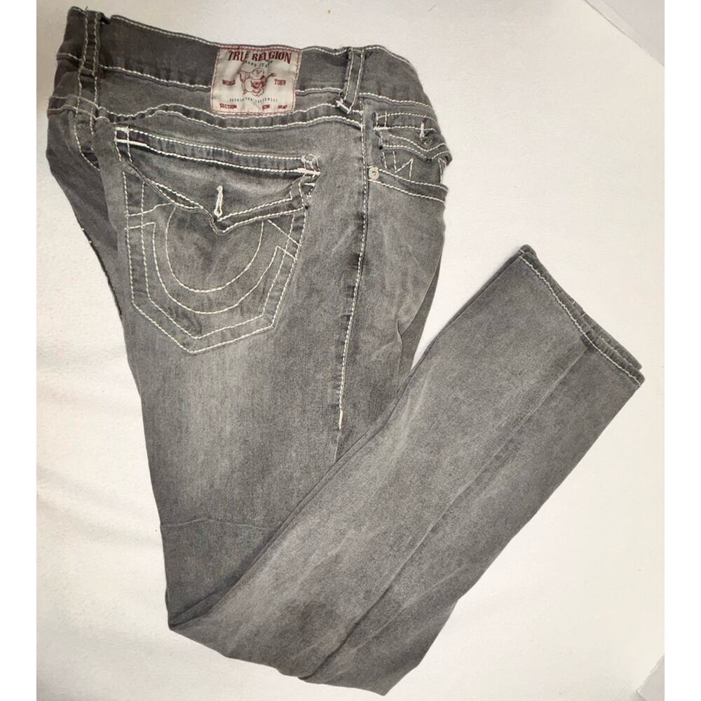 True Religion Jeans 34x32.5 Gray Ricky Flap Pocket Straight Leg Distressed READ